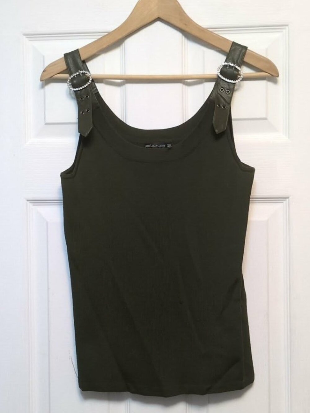 Piano Tank Top Sz L Dark Olive Green Rhinestone Faux Leather Straps Grunge Fairy